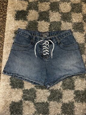 Vintage Lace-Up Denim Shorts - Blue with White Laces